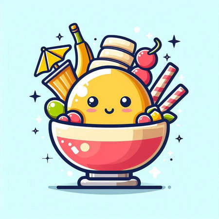 Cute kawaii ice cream in bowl, vector illustration.のイラスト素材
