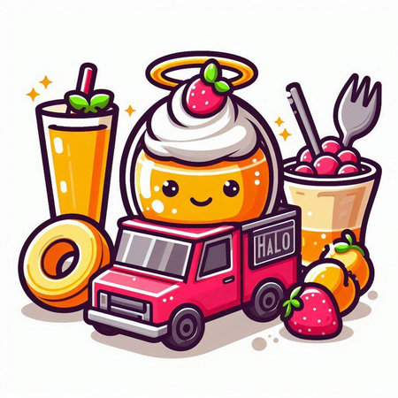 Cute cartoon ice cream truck and a lot of fruit. Vector illustration.のイラスト素材