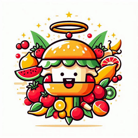 Cute cartoon burger character with fruits and berries. Vector illustration.のイラスト素材