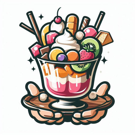 Fruit ice cream in a glass bowl. Hand drawn vector illustration.のイラスト素材