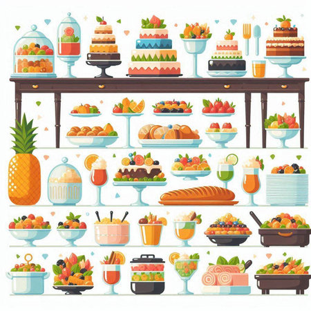 Set of different sweets and desserts on buffet table. Vector illustration.のイラスト素材