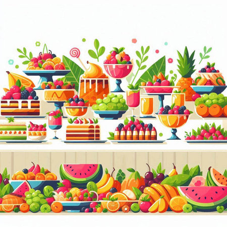 Fruits and berries on shelves in the store. Vector illustration.のイラスト素材