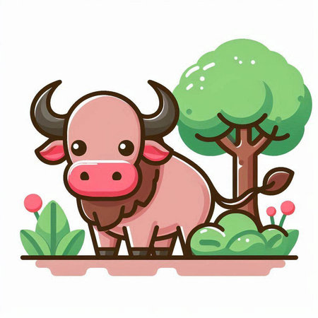 Illustration of a Cute Cartoon Bull in the Garden - Vectorのイラスト素材