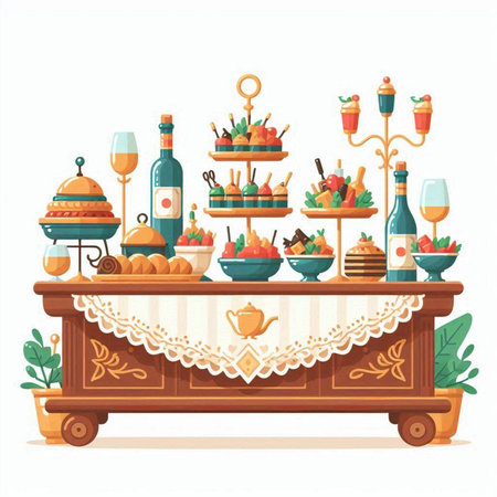 Catering table with food and drinks. Vector illustration in cartoon styleのイラスト素材