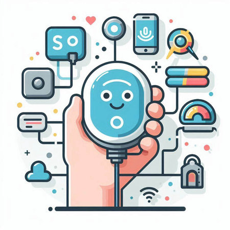 Smartphone with emoji face in hand. Flat style vector illustration.のイラスト素材