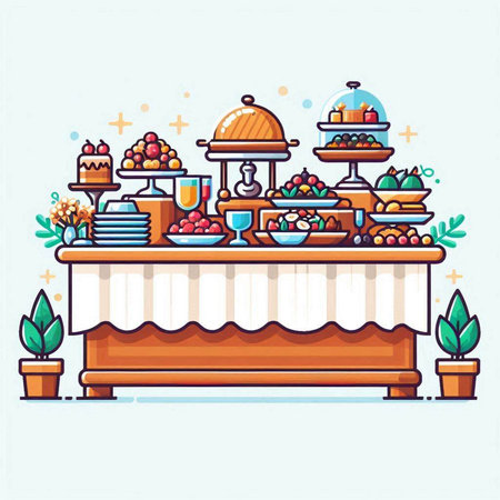 Catering service vector illustration. Covered table with food and drinks.のイラスト素材