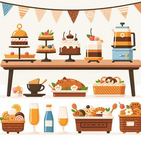 Coffee shop counter with desserts and desserts, vector illustration.のイラスト素材