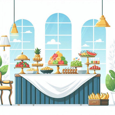 Vector illustration of a restaurant interior with fruits and vegetables on a table.のイラスト素材