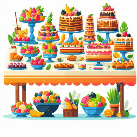 Fruit and berry cake on buffet table. Vector illustration.のイラスト素材