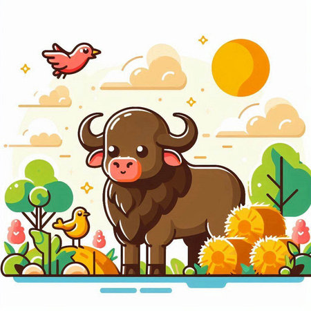 Vector illustration of a buffalo in the field with sun and birds.のイラスト素材