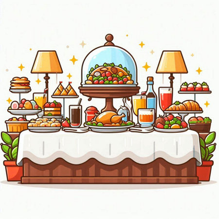 Catering table with food and drinks. Vector illustration in cartoon style.のイラスト素材