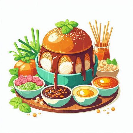 Illustration of Chinese food with chopsticks, soy sauce, egg and vegetablesのイラスト素材