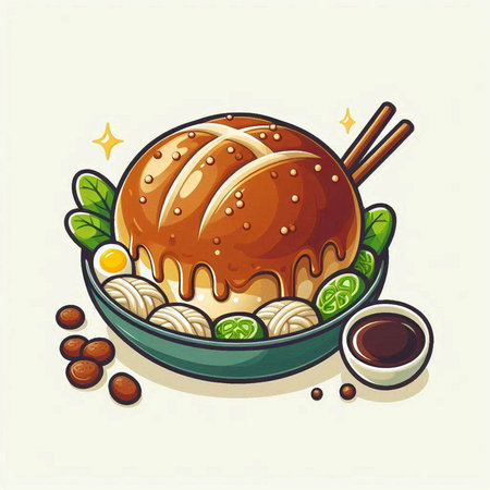 Illustration of chinese bun in a bowl with soy sauce and chopsticksのイラスト素材