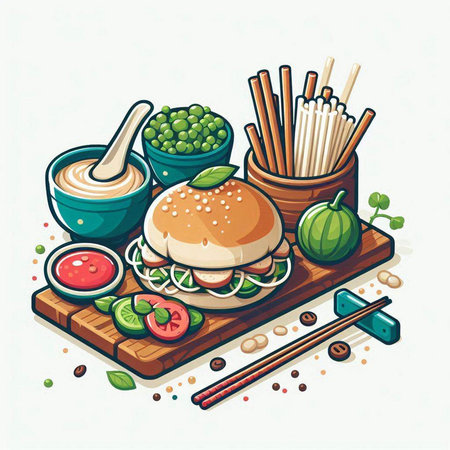 Hamburger and chopsticks on wooden board. Vector illustration.のイラスト素材