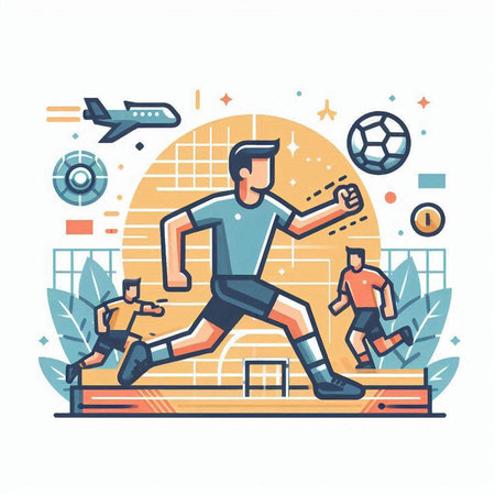 Soccer player in action. Flat line art style vector illustration.のイラスト素材