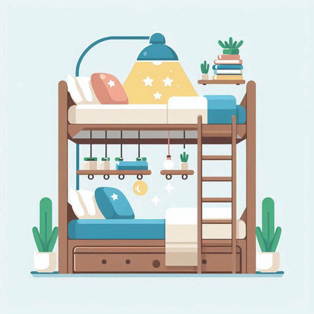 Bunk bed with pillows in flat style. Vector illustration.のイラスト素材