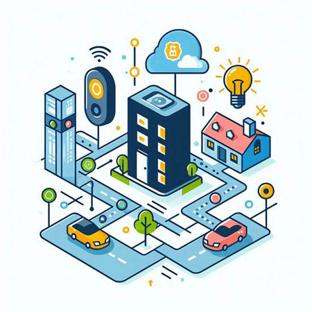 Smart city isometric vector illustration. Smart house and smart car on white backgroundのイラスト素材