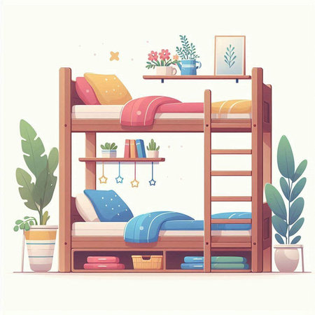 Vector illustration of a wooden bunk bed with pillows in a flat style.のイラスト素材