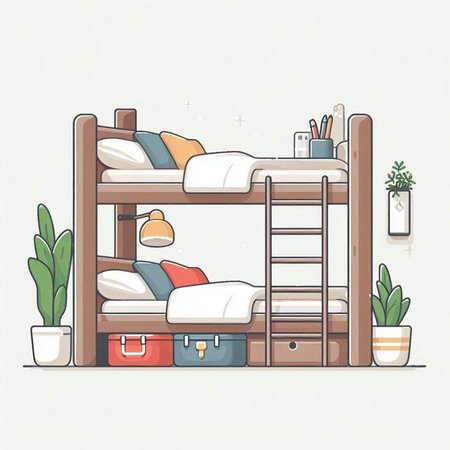 Bunk bed with pillows and other stuff. Vector illustration.のイラスト素材