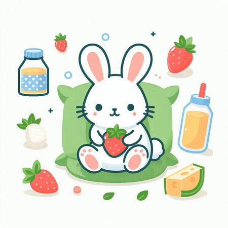 Cute cartoon rabbit with milk bottle and strawberries. Vector illustration.のイラスト素材