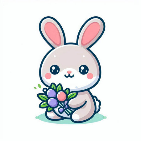 Cute cartoon bunny with bouquet of flowers. Vector illustration.のイラスト素材