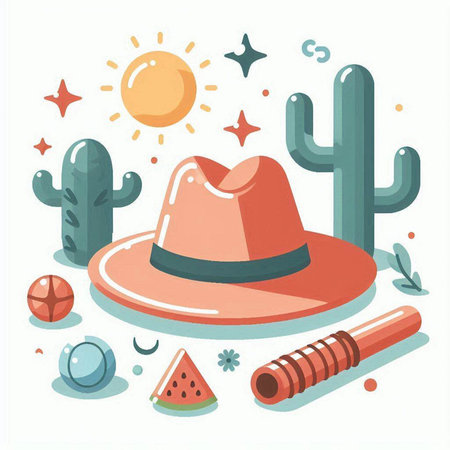 Vector illustration with cowboy hat, cactus and other elements on white background.のイラスト素材