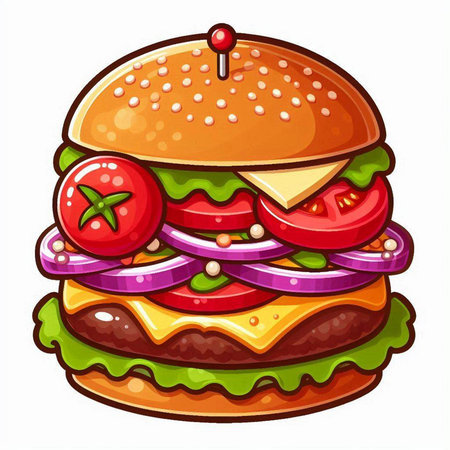 Illustration of a hamburger with cheese, tomato and onion.のイラスト素材