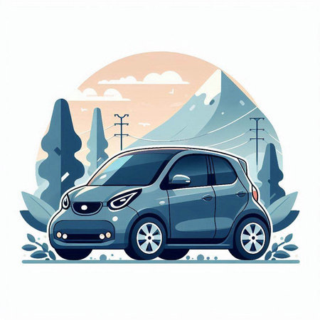 Car on the background of mountains. Vector illustration in flat style.のイラスト素材