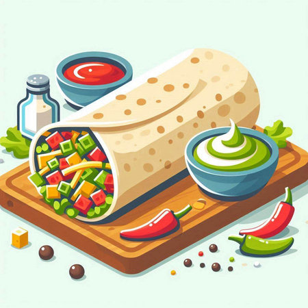 Mexican burrito with guacamole, pepper, tomato and sauce. Vector illustrationのイラスト素材