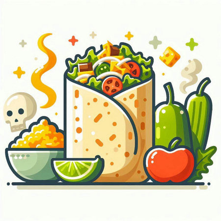 Vector illustration of tortilla with vegetables and spices. Mexican fast food.のイラスト素材