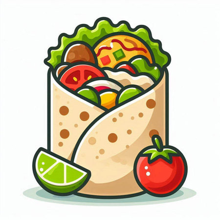 Tortilla wrap with vegetables and fruits in cartoon style. Vector illustration.のイラスト素材