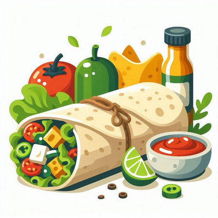 Mexican burrito with vegetables, cheese and sauce. Vector illustrationのイラスト素材
