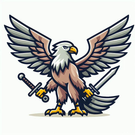 Eagle with sword and shield. Vector illustration isolated on white background.のイラスト素材