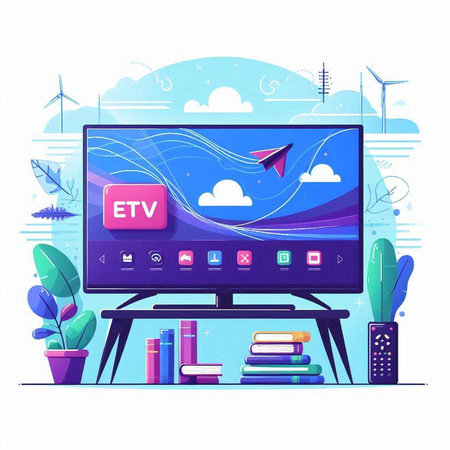 Online education concept with computer screen, books, remote control, wind turbines and clouds. Modern flat vector illustration.のイラスト素材