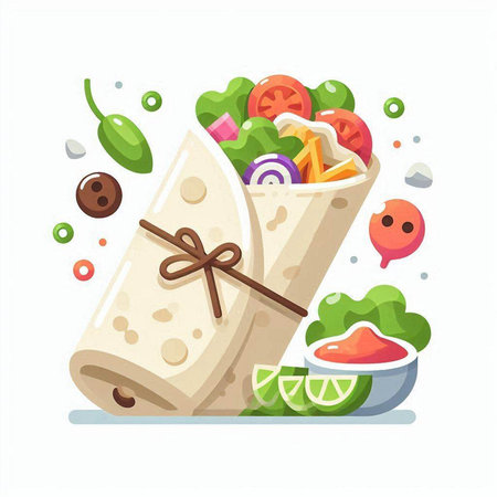 Healthy food vector illustration. Wrapped tortilla wrap with lettuce, tomato, cucumber, onion, pepper, olives, radish, cheese, ketchup.のイラスト素材