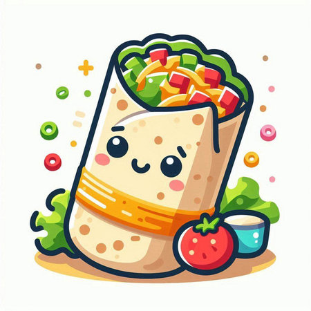 Tortilla wrap with vegetables and cheese. Vector cartoon character illustrationのイラスト素材