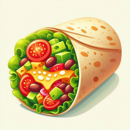 Vector illustration of tortilla wrap with salad, tomatoes and cheese.のイラスト素材