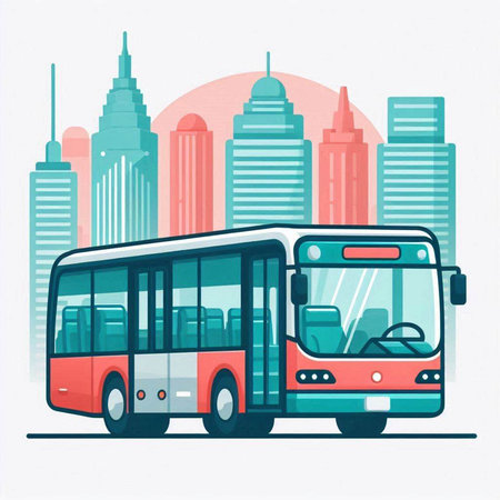 Bus on the background of the city. Vector illustration in flat styleのイラスト素材