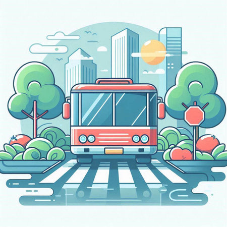Vector illustration of cityscape with bus on the road in flat style.のイラスト素材