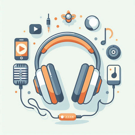 Vector illustration of headphones with microphone and music player on white background.のイラスト素材