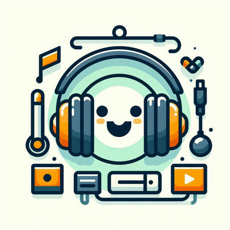 Modern flat line design vector illustration concept of headphones with microphone, laptop and music player.のイラスト素材