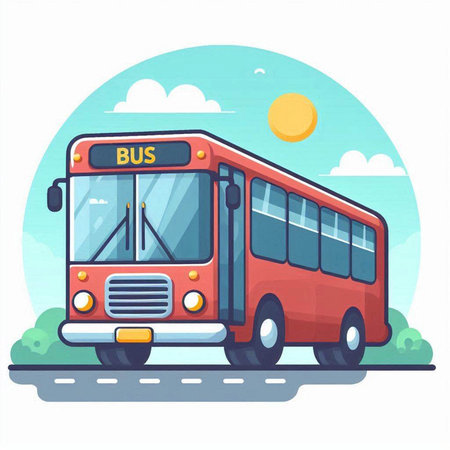 Bus on the road. Vector illustration in flat cartoon style. Isolated on white background.のイラスト素材