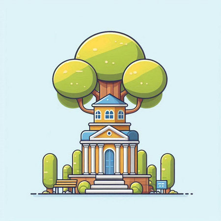 Flat design style vector illustration of a tree with a church in the background.のイラスト素材