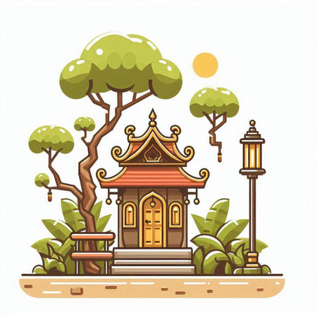 Thai temple in the forest. Vector illustration of a Buddhist temple.のイラスト素材