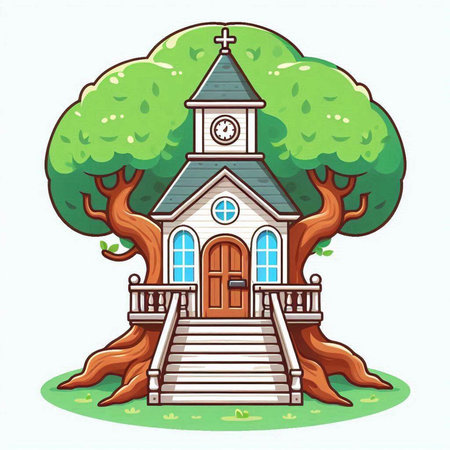 Cartoon style illustration of a church building with a big tree.のイラスト素材
