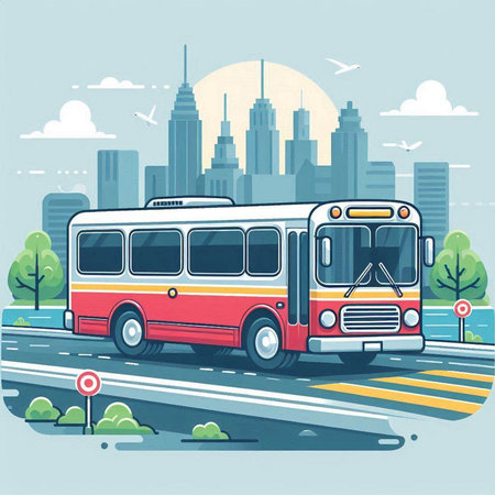 Bus on the city street. Vector illustration in flat cartoon style.のイラスト素材