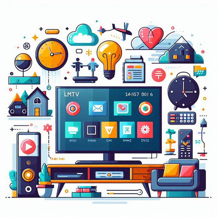 Vector illustration of modern flat design concept of home office with computer monitor, furniture, clock, light bulb, remote control, coffee machine, books and other items.のイラスト素材