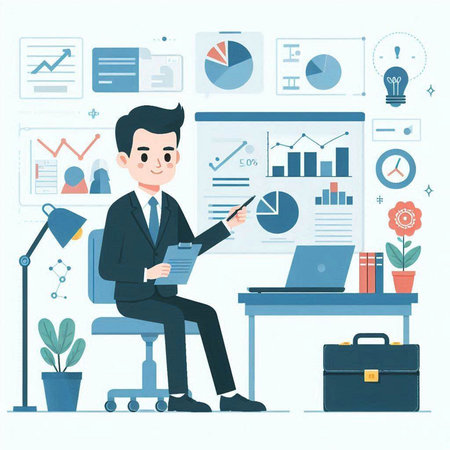 Businessman working in office. Flat style vector illustration. Cartoon character.のイラスト素材