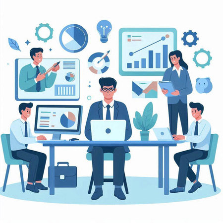 Business people working in office. Teamwork concept. Flat design vector illustration.のイラスト素材