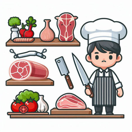 Cartoon chef with meat and vegetables in the kitchen. Vector illustration.のイラスト素材